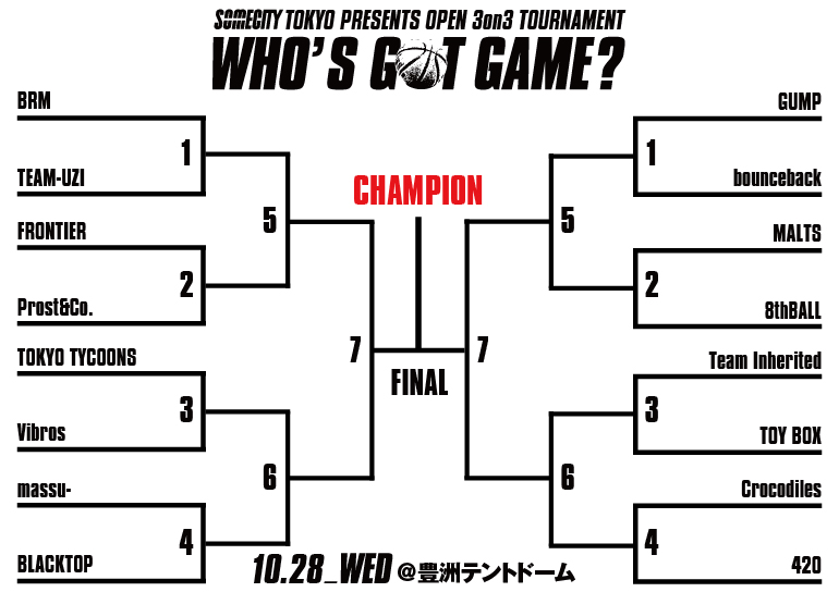10月28日(水)WHO'S GOT GAME? #1 出場チーム&トーナメント発表