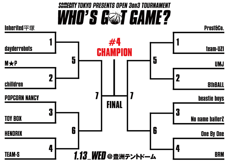 1月13日(水)WHO'S GOT GAME? #4 出場チーム&トーナメント発表!!