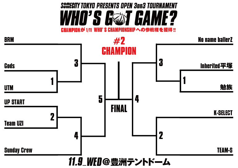 11月9日（水）WHO'S GOT GAME? #2 出場チーム&トーナメント発表!!