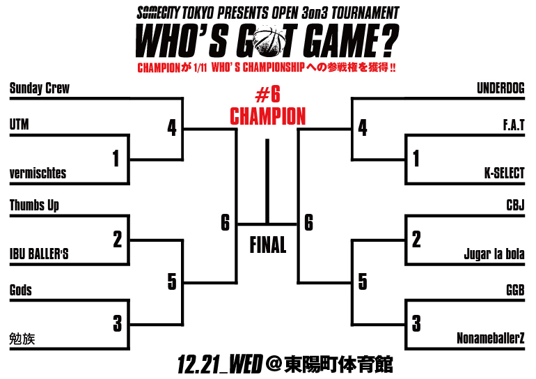 12月21日(水)WHO'S GOT GAME? #6 出場チーム&トーナメント発表!!